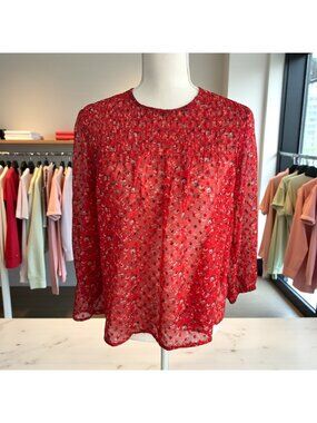 LUCKY BRAND Red Floral 3/4 Sleeve Sheer Blouse Size XS